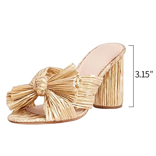 Image of MICIFA Women's Bow Heeled Sandals Slip On Open Toe Block Chunky Heel Sandals Bride Wedding Dress Shoes