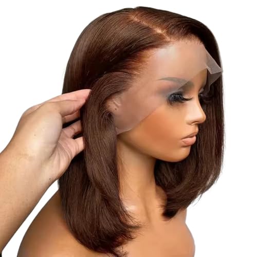 Perruque Bob Cheveux Humains 13X4 HD Transparent Lace Frontal Brun Lisse pour Femme