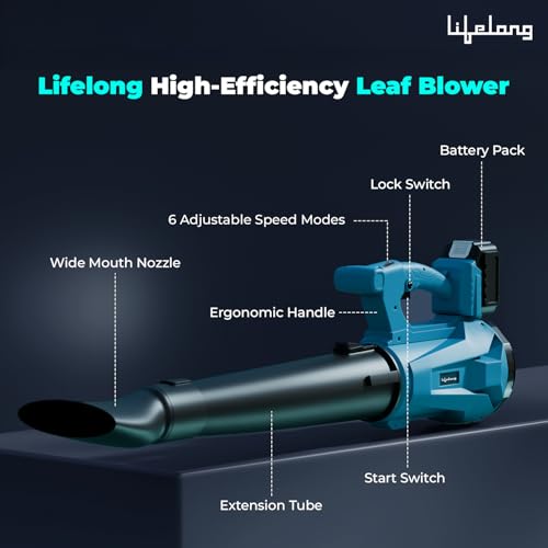 Lifelong Cordless Air Blower Machine with 16000 RPM No Load Speed | 3.6m3/min Air Flow | 6 Level Speed Control Dust Cleaner for Home | Li-Ion Battery (1X4.0Ah) | 2.6 kg Weight | 6-Month Warranty