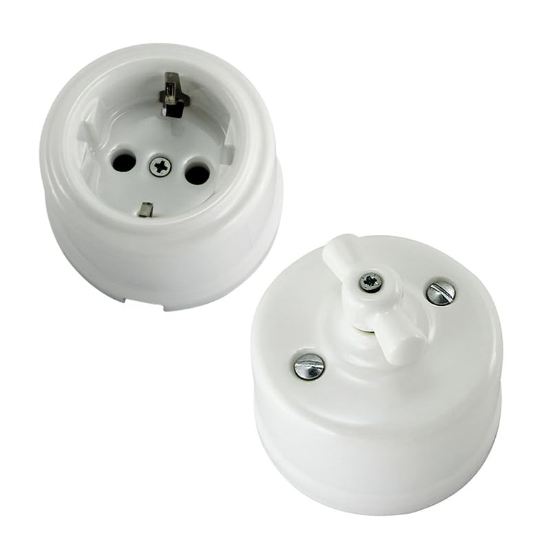 Rotary Vintage Porcelain Light Switch and Ceramic Wall Germany Socket Outlet with Earthing(Black)