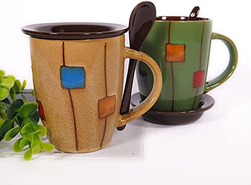 12 Oz Hand Painted Coffee Mug Set（Set of 2),With Lid and Spoon Unique Retro Ceramic Tea Mug,Microwave and Dishwasher Safe,Latte Cups (Khaki and green)