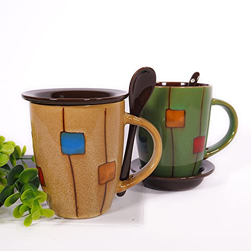 12 Oz Hand Painted Coffee Mug Set（Set Of 2),With Lid And Spoon Unique Retro Ceramic Tea Mug,Microwave And Dishwasher Safe,Latte Cups (Khaki And Green) #TOP1