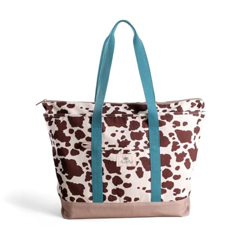 Image of Itzy Ritzy Canvas Tote Bag - Zip-Top Closure, Roomy Main Compartment & 4 Pockets - Lightweight Cotton Canvas Carryall for Moms - Perfect for Travel, Beach, Errands & Everyday (Cow Print)