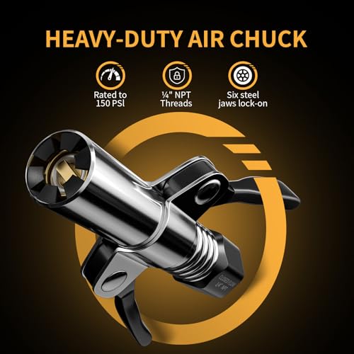 Locking Air Chuck, Heavy Duty Open Flow with Six Steel Jaws, Locks onto Any Tire Valve, No Leaks or Pop-Offs, Rated to 150 PSI - Open Flow