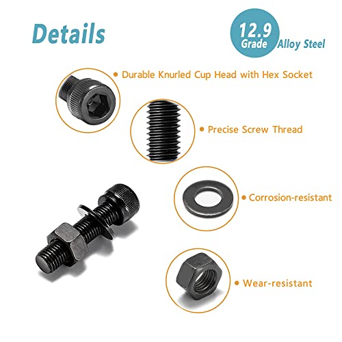 Kadrick Metric Screws Assortment - 100 Pcs M6 Hex Socket Head Cap Bolts, 8mm/12mm/16mm/20mm/30mm With Nuts and Washers - 12.9 Grade Alloy Steel, Black Zinc Plated, Anti-Rust Upgrade
