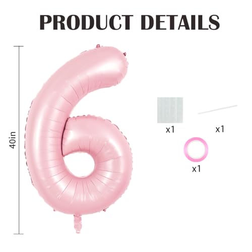 Image of TONIFUL 40 Inch Pastel Pink Number Balloon Balloon Big Pink Digital Balloon for Girl's Birthday Party Wedding Bridal Shower Engagement Anniversary Photo Shoot Supplies(Number 6)