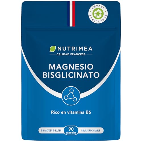 Magnesio Bisglicinato + Vitamina B6 - Absorción y Asimilación Máxima - Estrés, Fatiga y Calambres - Apoyo Muscular y Nervioso - Vegano, Sin Gluten ni Lactosa - Doypack 90 Cápsulas - Nutrimea