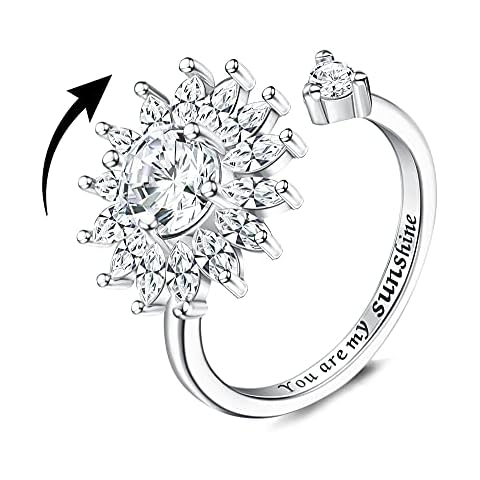 Jewenova Sterling Silver Fidget Ring for Women Sunflower Spinner Ring You are My Sunshine Ring Open Adjustable Ring CZ Heart Star Rings Anxiety Stress Relieving Ring Christmas Jewelry Gift Women Girl Cover