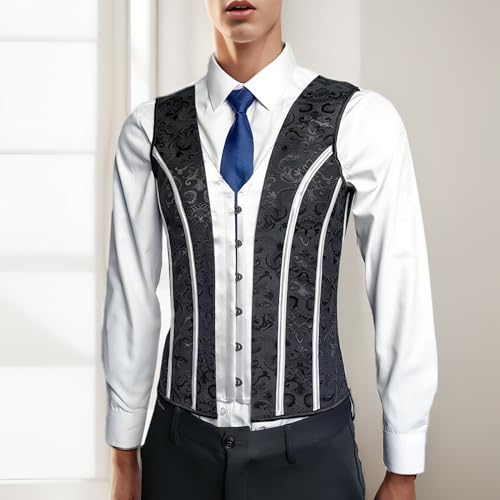 Mens Corset Vest Lace Up Shaping Tops Bones Vintage Dress Waistcoat Print Formal Slimm Fit Wedding Stage3