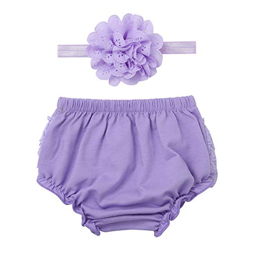 TTAO Infant Baby Girls Diaper Cover Ruffle Bloomers Lace Nappy Cover Frilled Knickers with Headband Photo Props Set Lavender 0-3 Months