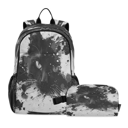 Sac à dos pour étudiants chat noir sac d'école léger durable et sac à déjeuner