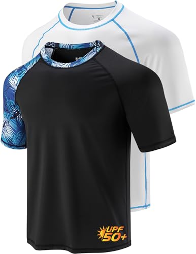 2-Pack Swim Shirts for Men UPF 50+ Loose Fit Rash Guard, Quick Dry UV Sun Protection Short Sleeve Shirt (Set I, Small)
