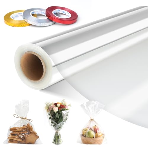Klare Cellophanfolie 86CM x 30M, 3 Mil Dicke Geschenkfolie Transparent, klarsichtfolie Cellophan Rolle Mit 3 Rollen à 10 m Band, Kristallklar Geschenkpapier Zellophan für Geschenkkörbe, Blume