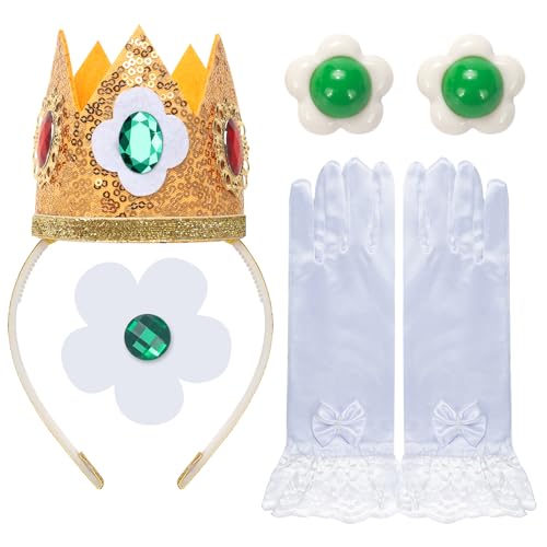 GHGMAO 4 Pcs Adult Princess Daisy Crown Accessories for Women, Include Flower Crown Brooch Earrings Gloves, Dress Up Accessories for Adult