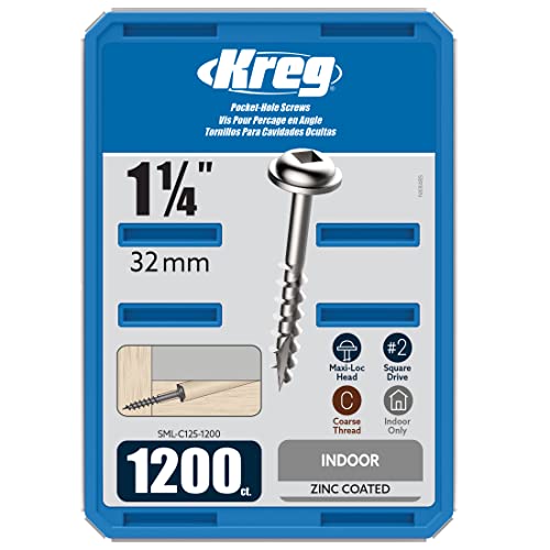 Kreg SML-C125-1200 Zinc Pocket Screw, 1 1/4 Inch #8 Coarse Thread, Maxi-Loc Head, (1200 Count)