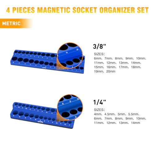 Image of GOOACC 4 PCS Magnetic Socket Organizer Set, Heavy Duty Socket Organizer Tray 1 /4 inch 3 /8 inch SAE Metric Drive Sockets Holds 108, Magnetic Socket Holder for Tool Box Drawer Chest Garage Storage, Blue & Red