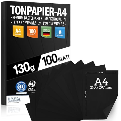 100 Stück Schwarz TONZEICHENpapier A4 130g stark Schwarze Blätter Bastel Bogen - Vollschwarz Stabiles Zeichenpapier Pappe zum Basteln Zeichenkarton - DIY - Kreativ Zubehör für Fotoalben