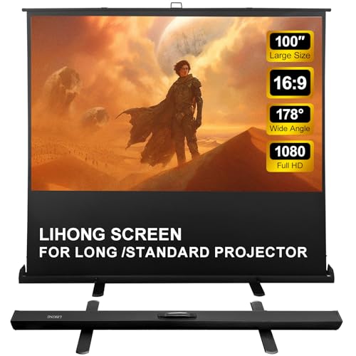 LIHONG Floor Rising Projector Screen Indoor & Outdoor 16:9 HD Portable Matte White Projection Screen for Long Standard Projector Fast Setup for Movies, Office Presentations & More (100 Inch/16:9)
