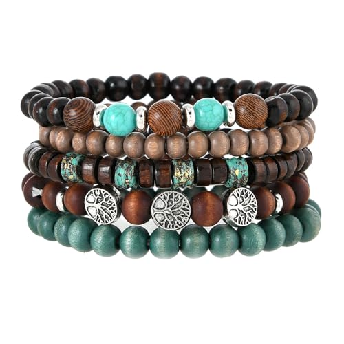 Tree of Life Beaded Bracelet for Women Men - Bohemian Wooden Beads & Stone Stretch Bracelet Stackable Jewelry Set Adjustable Spiritual Healing Bracelet gift for mom daughter
