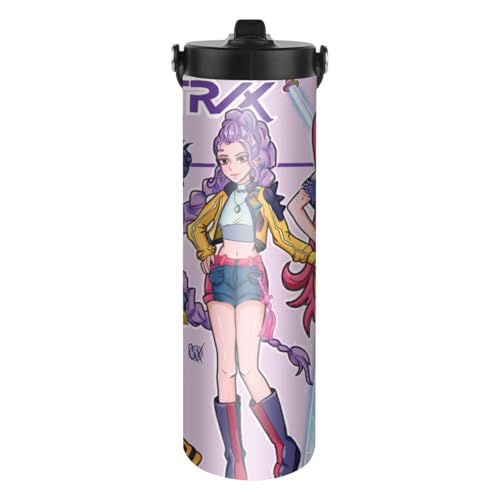 UBBY Demon Hunters Botella de agua de 590 ml, a prueba de fugas, botella con pajita y asa, botella de acero inoxidable para trabajo, viajes, exterior, escuela (rosa)