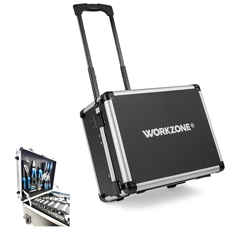 Werkzeugtrolley Werkzeugkoffer von WORKZONE 128-teilig, Aluminiumgehäuse mit Rädern, Ausziehbarer Griff, 45,5 x 35,5 x 19,7 cm