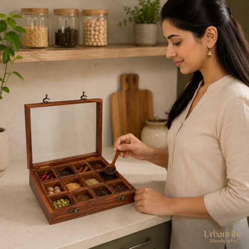 Image of Wooden Spice Box with 12 Removable Compartments|Handmade Masala Dabba for Kitchen Storage | Premium Wooden Spice Organizer with Transparent Glass Lid | Multipurpose Storage Box