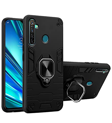 Image of Pikkme D5 Tough Armor Bumper Back Cover Case for Realme 5 Pro |Ring Holder & Kickstand in-Built (Black)