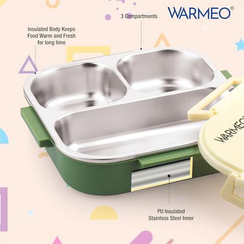 Image of WARMEO Jerry Insulated Lunch Box with Three Compartment BPA Free, Kids Lunch Box,Food Grade Ideal for School, Picnic, Office & Outdoor - 500ml Avocado, Stainless Steel
