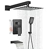 Shower Faucet Set Complete Matte Black Shower System with 12 inch Square Rainfall Shower Head 3 Function Handheld Shower Waterfall Bathtub Spout Rain Shower Combo Set Bathroom Wall Mounted