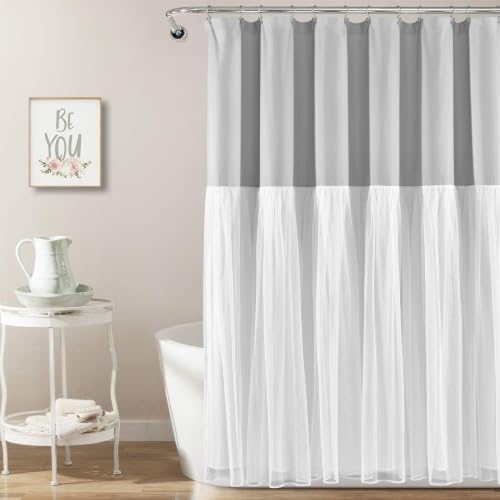 Rideau de douche polyester bicolore imperméable avec bord en dentelle