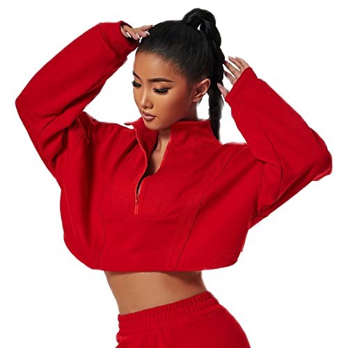 Womens Cropped Sweatshirt Patchwork Long Sleeve Half Zip Stand Collar Workout Crop Tops Athletic Jacket Loose Drop Shoulder Raw Hem Casual Running Fitness Pullover (Lava Red, S) #TOP10