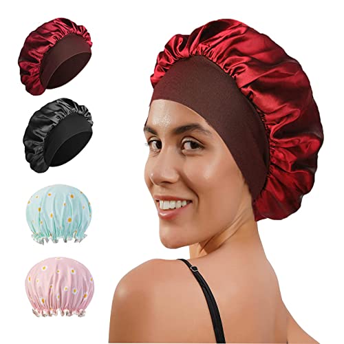 Shower Caps, Waterproof Bath Caps Plastic Reusable Shower Caps Elastic Band Bath Hair Hat for Women for all Hair Lengths with PEVA Lining & Elastic Band Stretch Hem Hair Hat (4Pack-1)