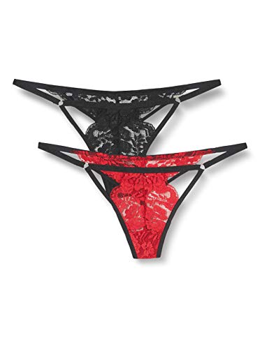 Iris & Lilly Ropa Interior Tipo Tanga de Encaje Mujer, Pack de 2, Negro/Rojo, 38