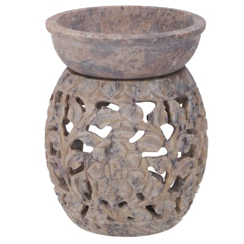 GURU SHOP Indische Duftlampe, ätherisches Öl Diffusor, Teelicht Halter Für Aromatherapie, Aromalampe aus Speckstein - Rund Blumenranke 2, 10x7x7 cm