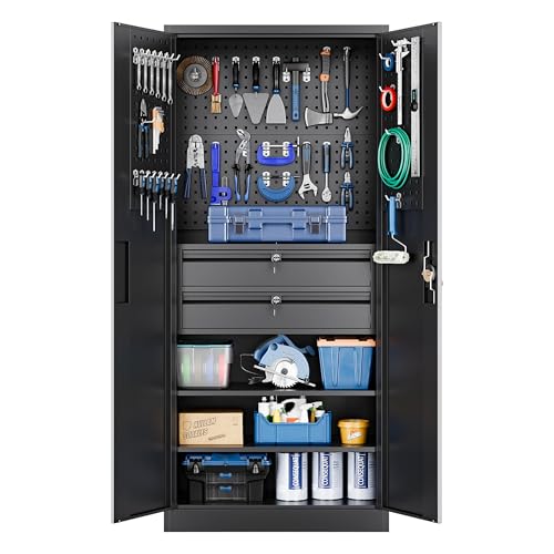 Image of Yizosh Metal Garage Storage Cabinet with Locking Doors and 2 Drawers, Heavy Duty Steel Tool Cabinet with Pegboard, 71 inch - Lockable Cabinets for Garage, Warehouse, Basement (Black)