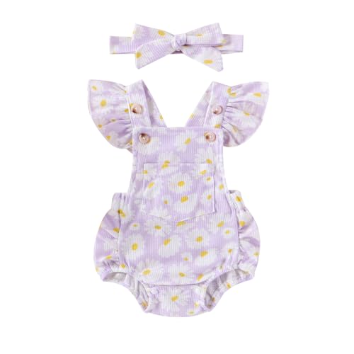 Baby Girl Clothes 3 6 12 18 Months Newborn Daisy Overalls Waffle Romper Ruffle Bodysuit Summer One Piece Outfit (Daisy purple, 3-6 Months)