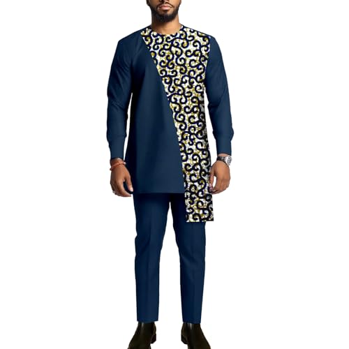 African Suits for Men Dashiki Kente Print Patchwork Top Shirt and Pants Outfits 2 Piece Set Casual Attrie Clothing