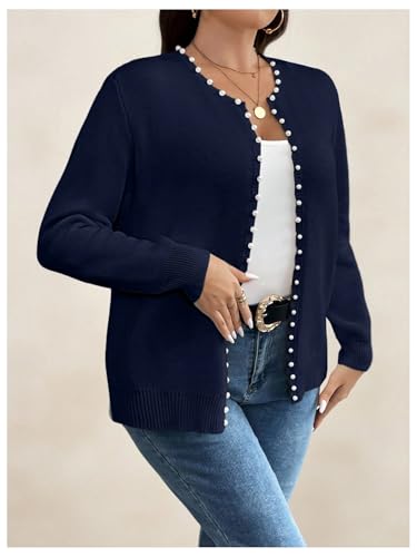 Image of BEAUDRM Women's Plus Size Pearls Beaded Cardigan Open Front Long Sleeve Casual Sweater Top