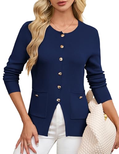 GRACE KARIN Blazers for Women Business Casual Long Sleeve Metal Button Up Sweaters Cinch Fitted Knit Cardigan Blazer Outfits with Pockets(Navy Blue,2XL)