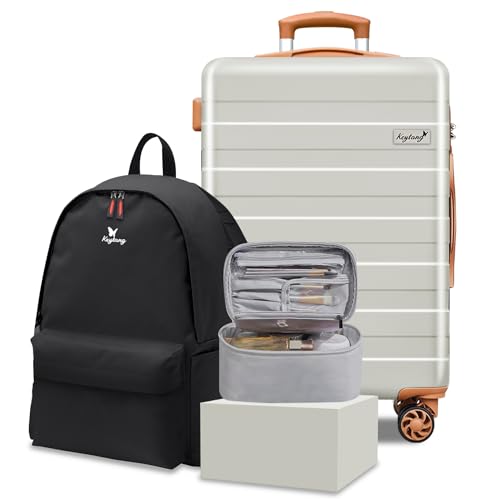 Image of Zebra 20 inch Expandable Carry-On Luggage Set with TSA Lock, Lightweight Hardshell Suitcase with Spinner Wheels, PC+ABS Durable Checked Luggage, Bonus Travel Backpack & Cosmetic Makeup Bag, White-Brown