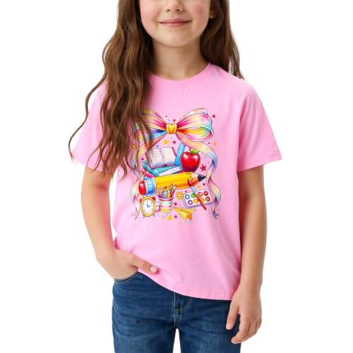 TUONROAD Kindergarten Girls T-Shirts Pink Bow Short Sleeve 2nd Grade Shirts for Kids Back to School Children Daily Top Tees 4 5 Years