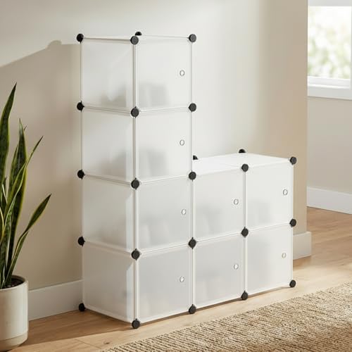 Image of amazon basics Cube Storage Organizer | 8-Cube | 95.5 x 32 x 126 cm | Semitransparent White | PP + Iron | Stackable, Dustproof & Easy Assembly
