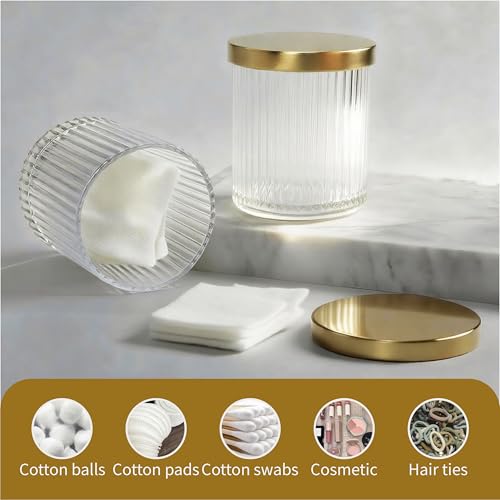 seicasaya 2 Pack Qtip Holder Dispenser with Metal Lids | Ribbed Glass Canister Set for Bathroom Vanity (Gold 2 Pcs) by seicasaya - Used condition - Image 4