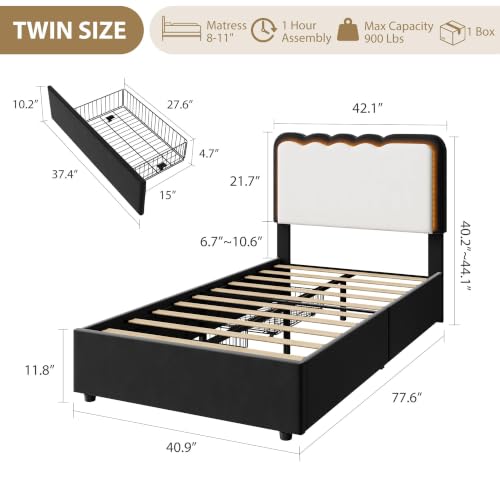 Image of Garvee Irregular Wave LED 2-Drawer Soft Upholstered Bed, Soft Padding