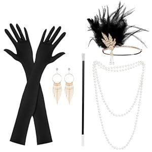 KEWUZY 5 Teiliges 20er Jahre Accessoires, Great Gatsby Accessoires Flapper Set, Charleston Accessoires Damen, mit Flapper Stirnband Handschuhen Perlenkette Ohrringen für Halloween Weihnachten