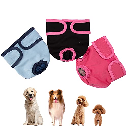 OmeHoin Pañales lavables para perro femenino, reutilizables, muy acogedores, pañales para perros pequeños, medianos y grandes, de algodón, para perros, ropa interior, pantalones, negro, rosa y azul Cover