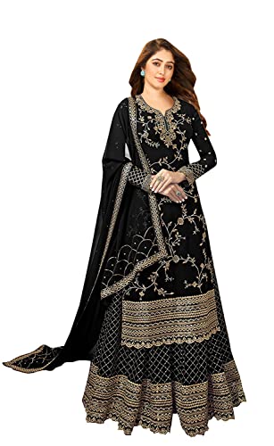 Image of Miss Ethnik Women's Faux Georgette Semi-Stitched Top With Stitched Bottom and Dupatta Embroidered Straight Kurta Dress Material (Kurta Palazzo Set)