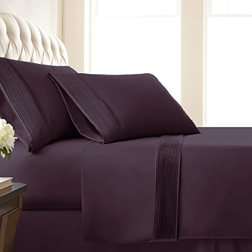 SouthShore FINE LIVING Vilano Pleats, 4-Piece, 21-Inch Extra Deep Pocket Sheet Set, Premium Quality, Easy Care, Shrinkage Free, Sheet Set, Purple, King