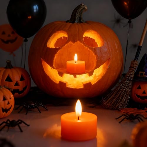 Image of CANDLE CHOICE Battery Operated Flameless Tea Lights Realistic Black Wick Bright Flickering LED Tealight Candles Wedding Table Centerpieces Halloween Christmas Decorations Batteries Incl 12 Pack Orange