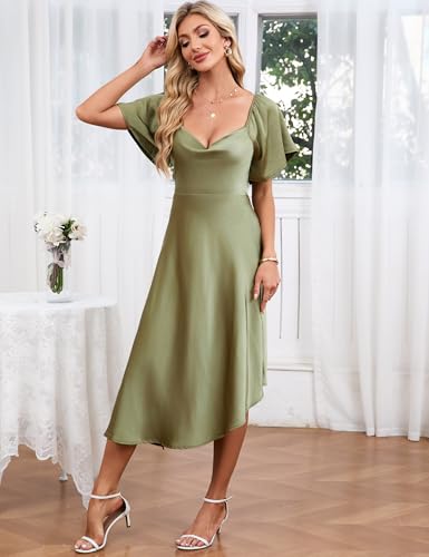 2025 Satin Cowl Neck Flutter Sleeve Midi Dress Silk Sexy Tie Back Asymmetrical Hemline Formal Long Dresses for Wedding Guest4